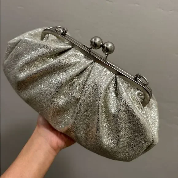 Silver Glitter Sheepskin Handmade Kisslock Slouchy Clutch/Wristlet/Crossbody